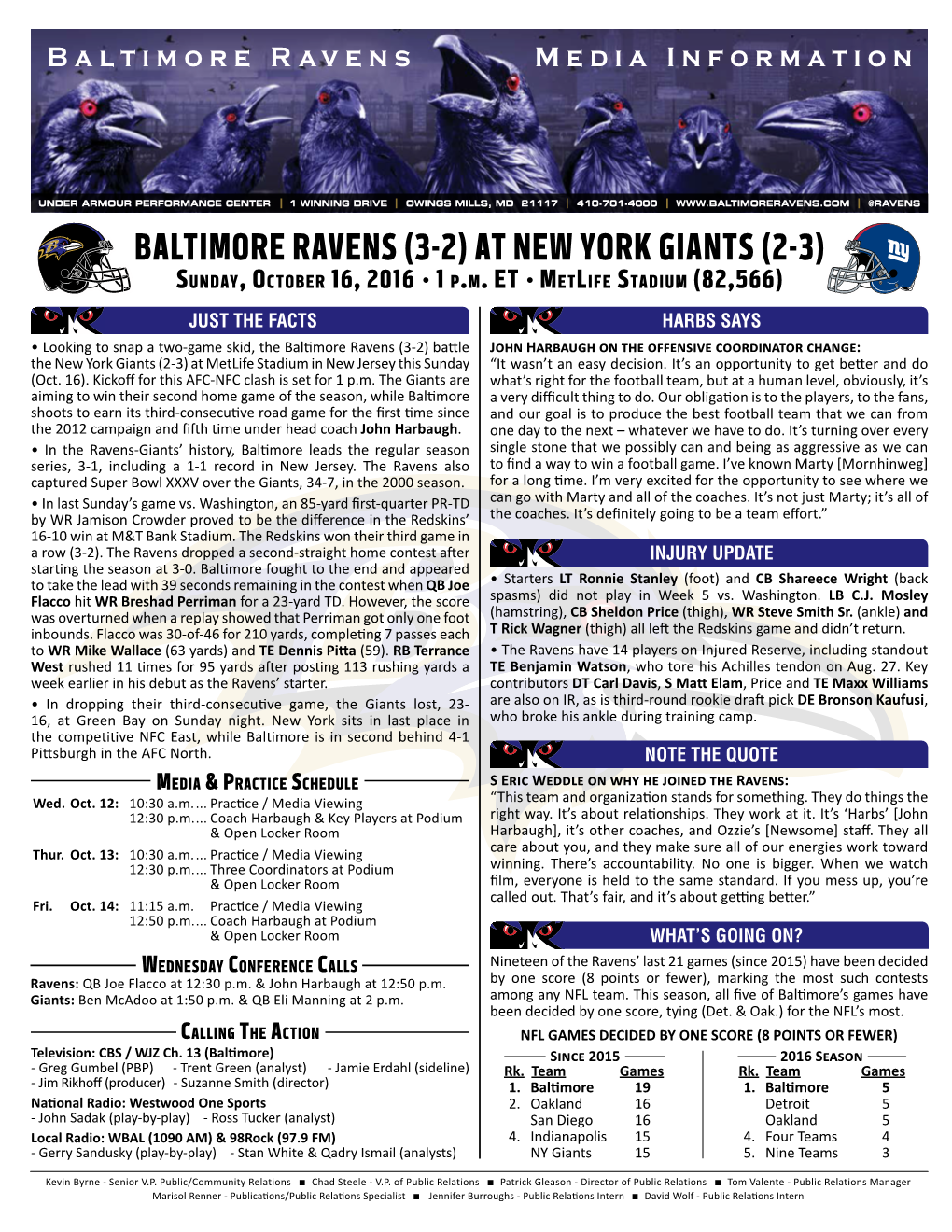 BALTIMORE RAVENS (3-2) at NEW YORK GIANTS (2-3) Sunday, October 16, 2016 • 1 P.M