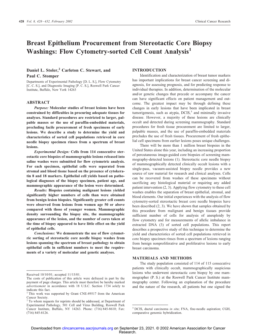 Breast Epithelium Procurement from Stereotactic Core Biopsy Washings: Flow Cytometry-Sorted Cell Count Analysis1