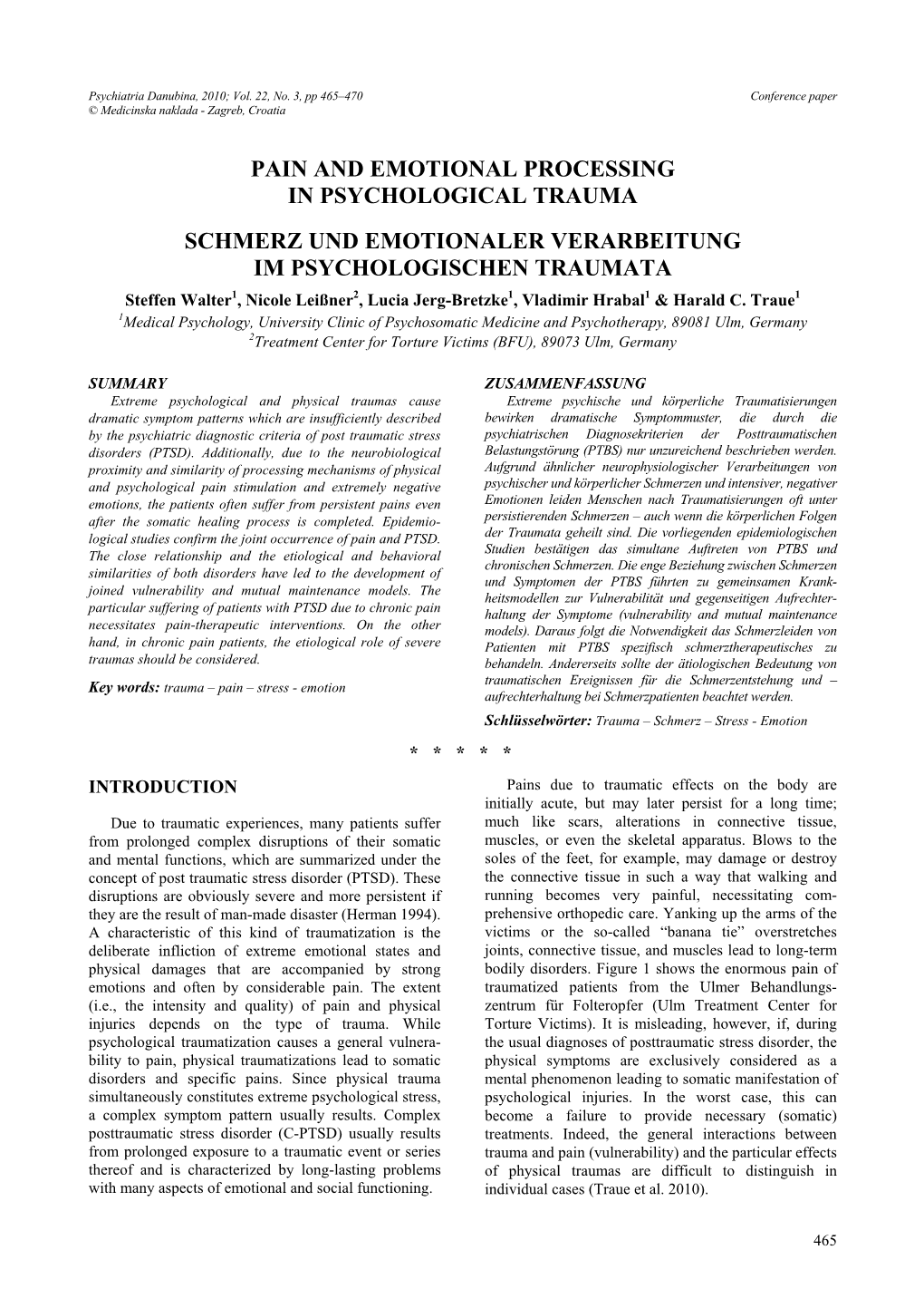 Pain and Emotional Processing in Psychological Trauma Schmerz Und