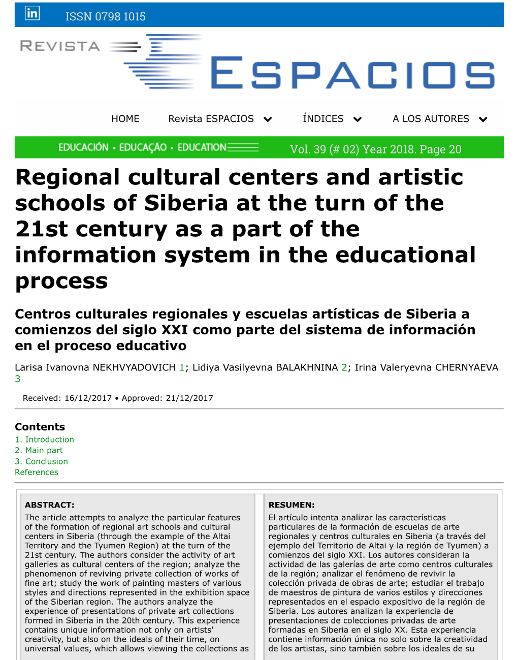 Regional Cultural Centers and Artistic Schools of Siberia at the Turn of the 21St Century As a Part of the Information System in the Educational Process