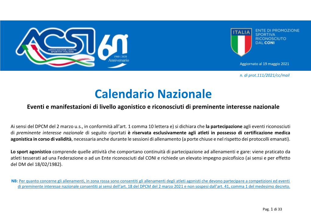 Calendario Nazionale Eventi E Manifestazioni Di Livello Agonistico E Riconosciuti Di Preminente Interesse Nazionale