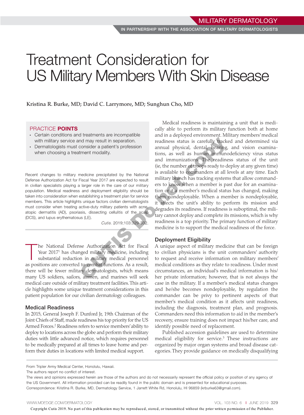 Treatment Consideration for US Military Members with Skin Disease