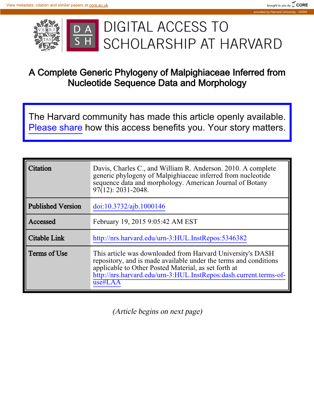 A Complete Generic Phylogeny of Malpighiaceae Inferred from Nucleotide Sequence Data and Morphology