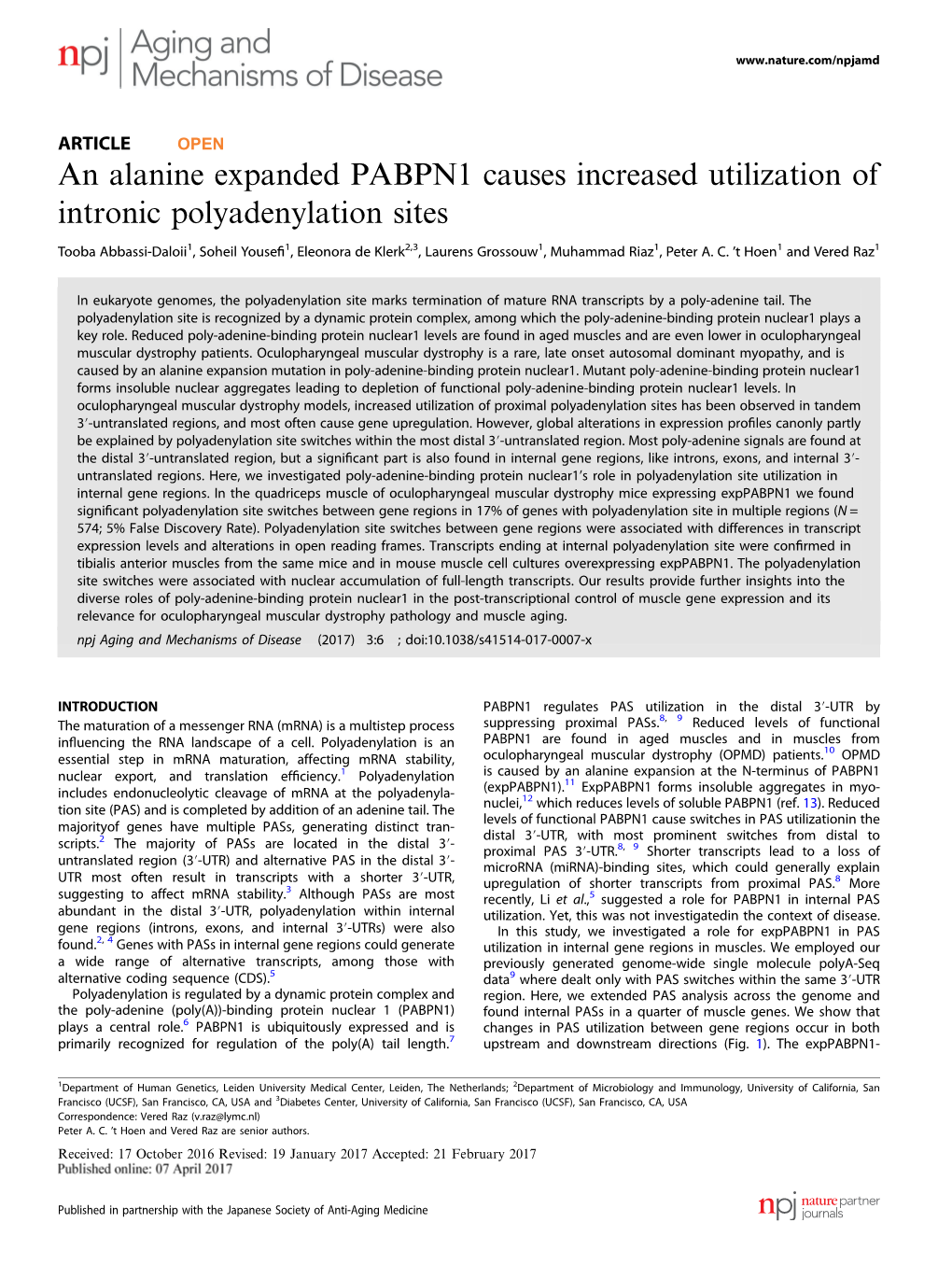 An Alanine Expanded PABPN1 Causes Increased Utilization of Intronic Polyadenylation Sites