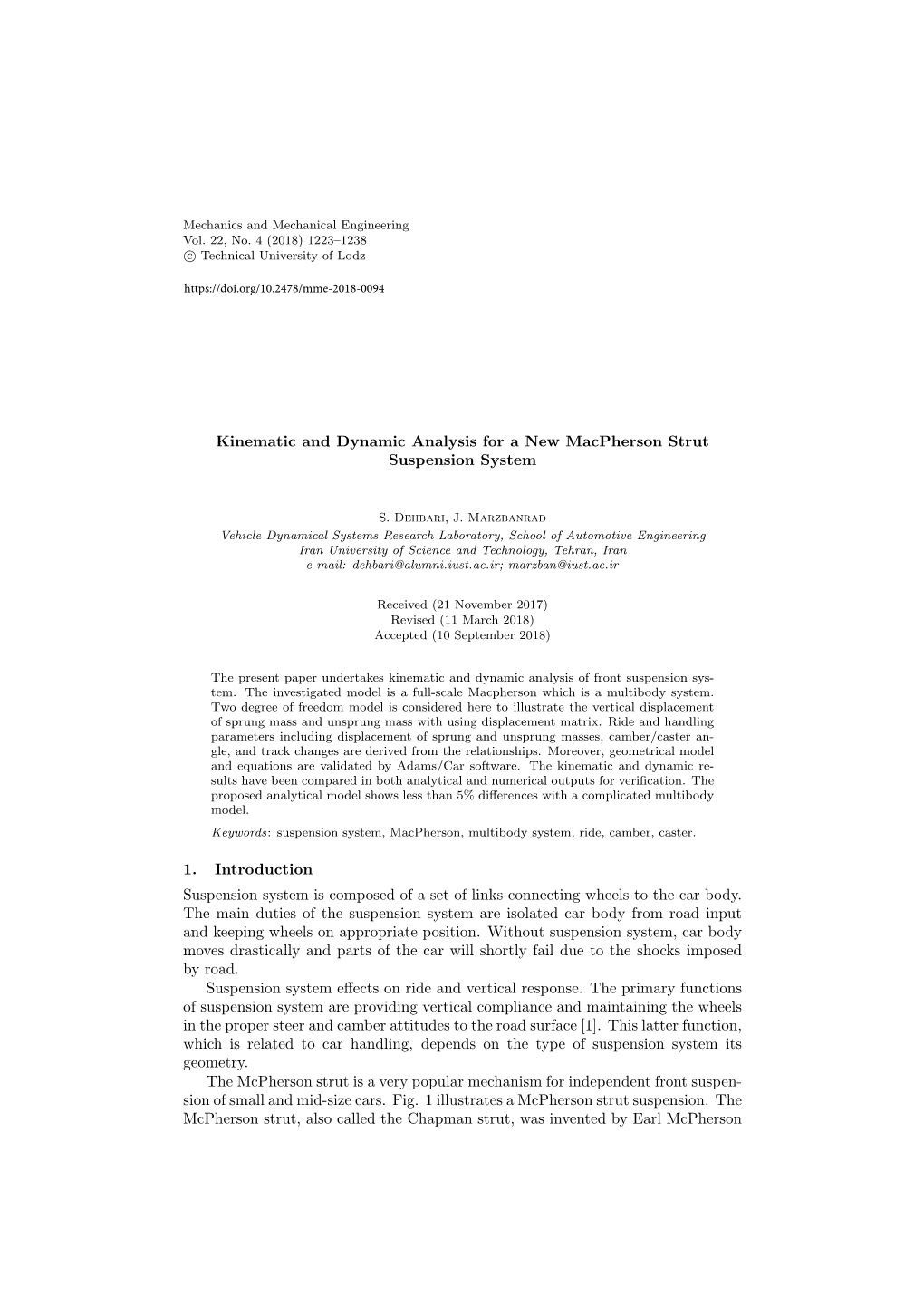 Kinematic and Dynamic Analysis for a New Macpherson Strut Suspension System