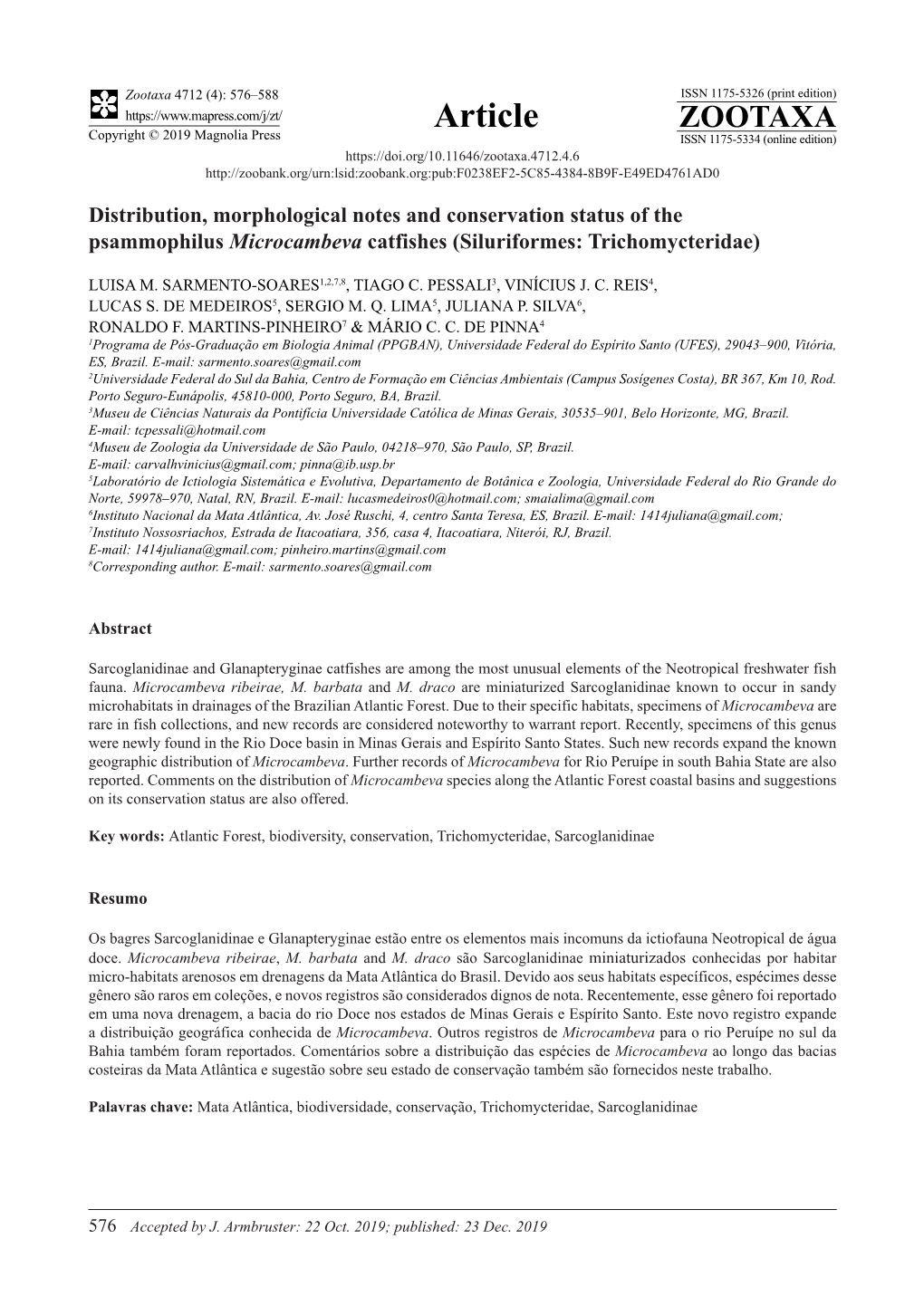 Distribution, Morphological Notes and Conservation Status of the Psammophilus Microcambeva Catfishes (Siluriformes: Trichomycteridae)