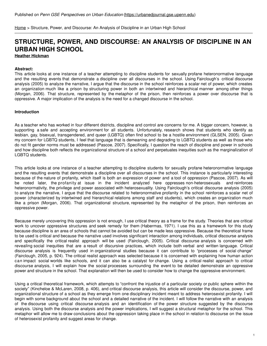 Structure, Power, and Discourse: an Analysis of Discipline in an Urban High School