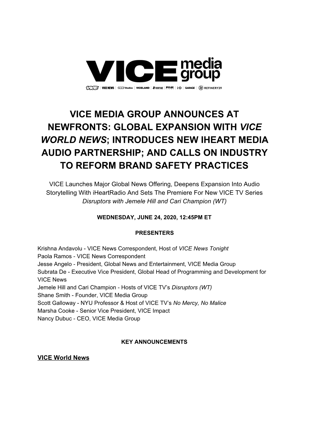 Vice Media Group Announces at Newfronts