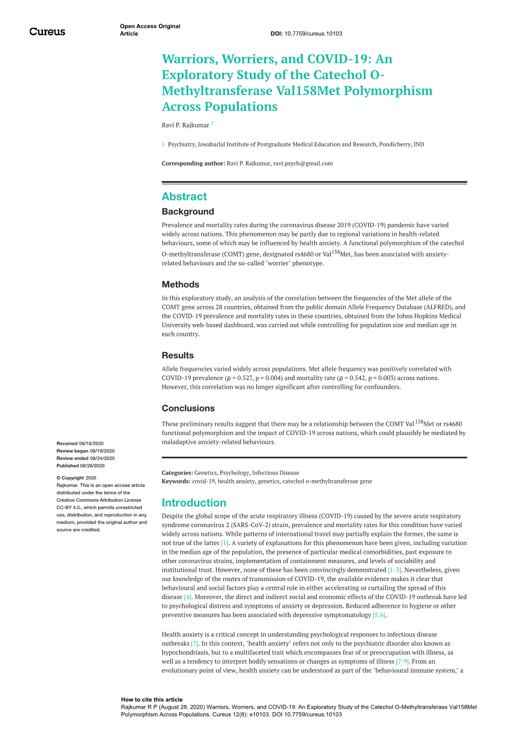 Warriors, Worriers, and COVID-19: an Exploratory Study of the Catechol O- Methyltransferase Val158met Polymorphism Across Populations