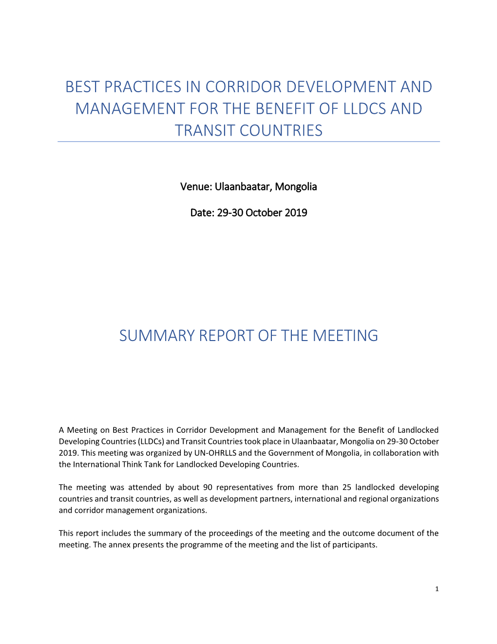 Best Practices in Corridor Development and Management for the Benefit of Lldcs and Transit Countries
