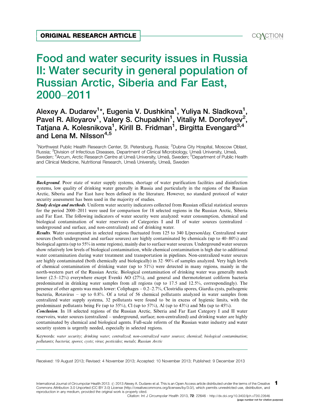 Food and Water Security Issues in Russia II: Water Security in General Population of Russian Arctic, Siberia and Far East, 2000Á2011