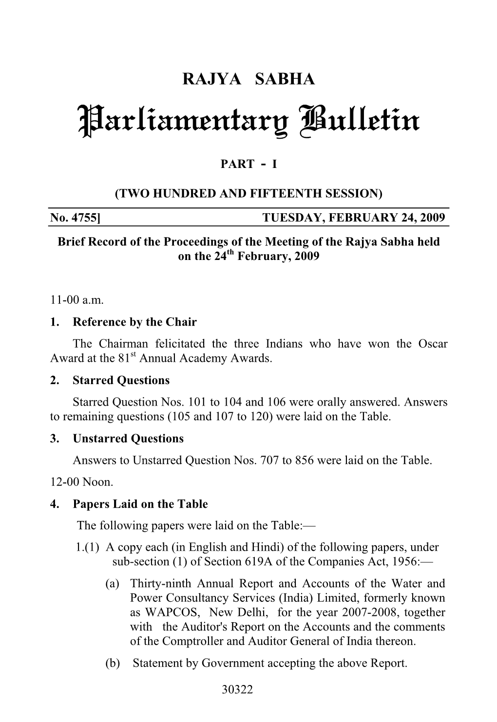 RAJYA SABHA Parliamentary Bulletin