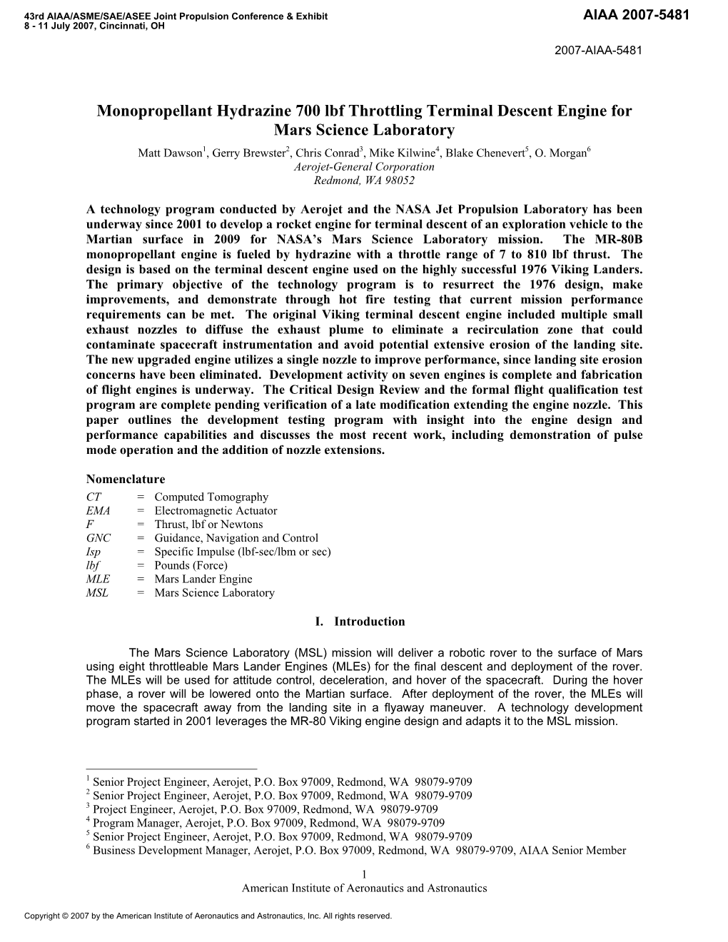 Monopropellant Hydrazine 700 Lbf Throttling Terminal Descent Engine