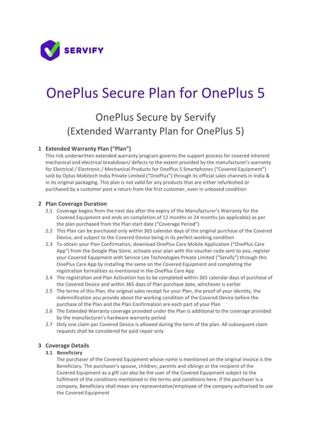Oneplus Secure Plan for Oneplus 5 Oneplus Secure by Servify (Extended Warranty Plan for Oneplus 5)