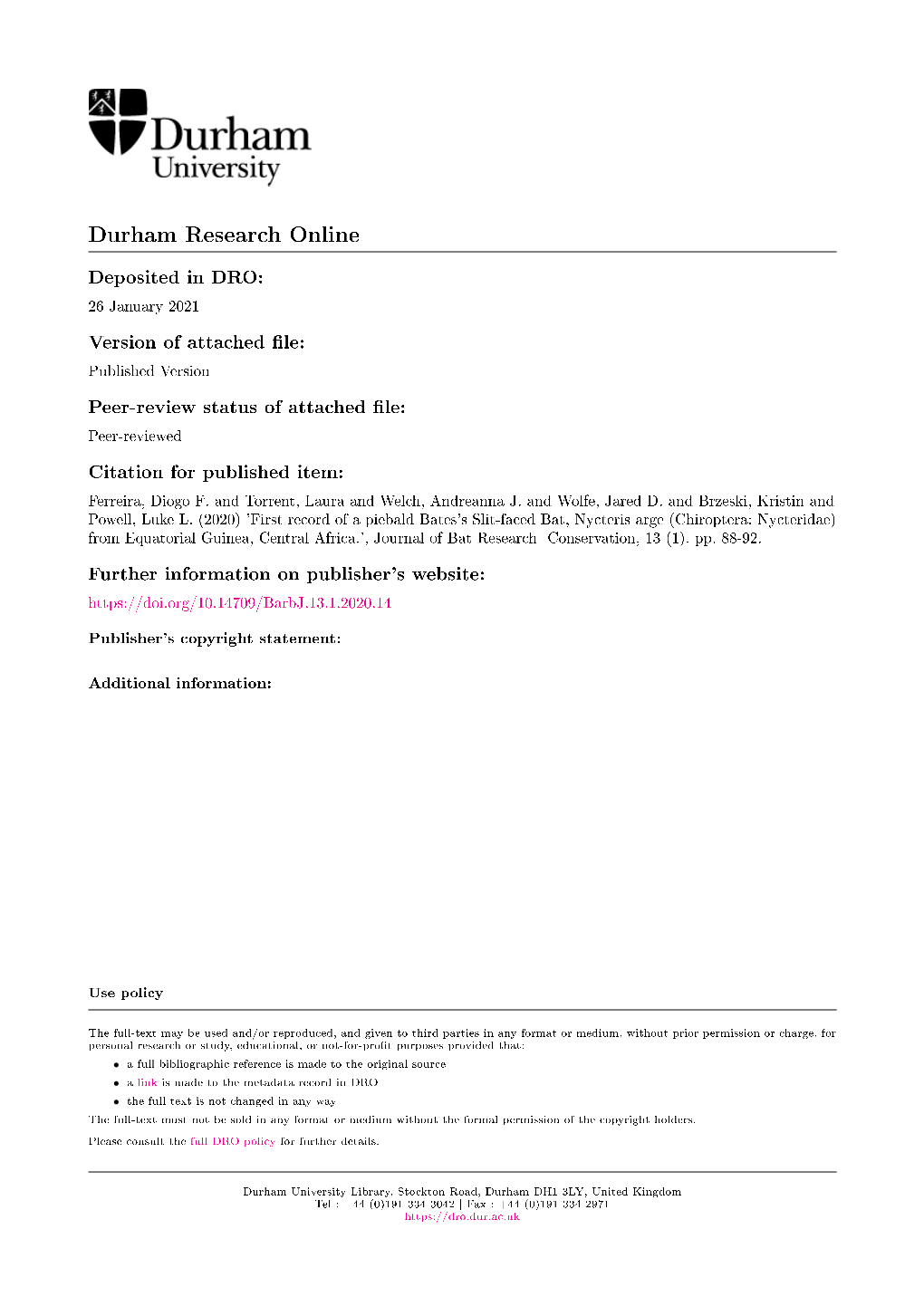 Chiroptera: Nycteridae) from Equatorial Guinea, Central Africa.', Journal of Bat Research Conservation, 13 (1)