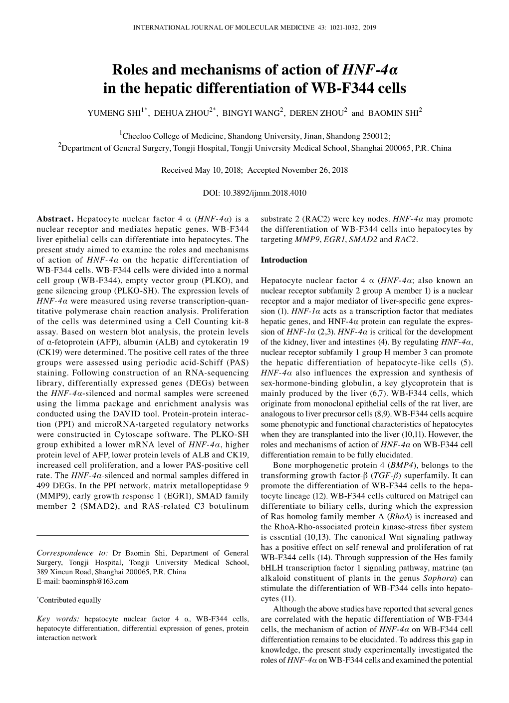 Roles and Mechanisms of Action of HNF‑4Α in the Hepatic Differentiation of WB‑F344 Cells