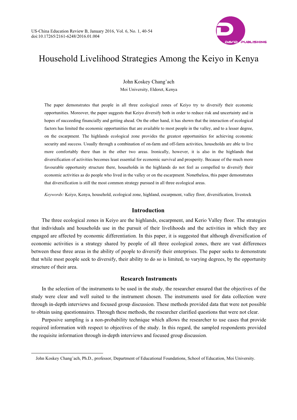 Household Livelihood Strategies Among the Keiyo in Kenya