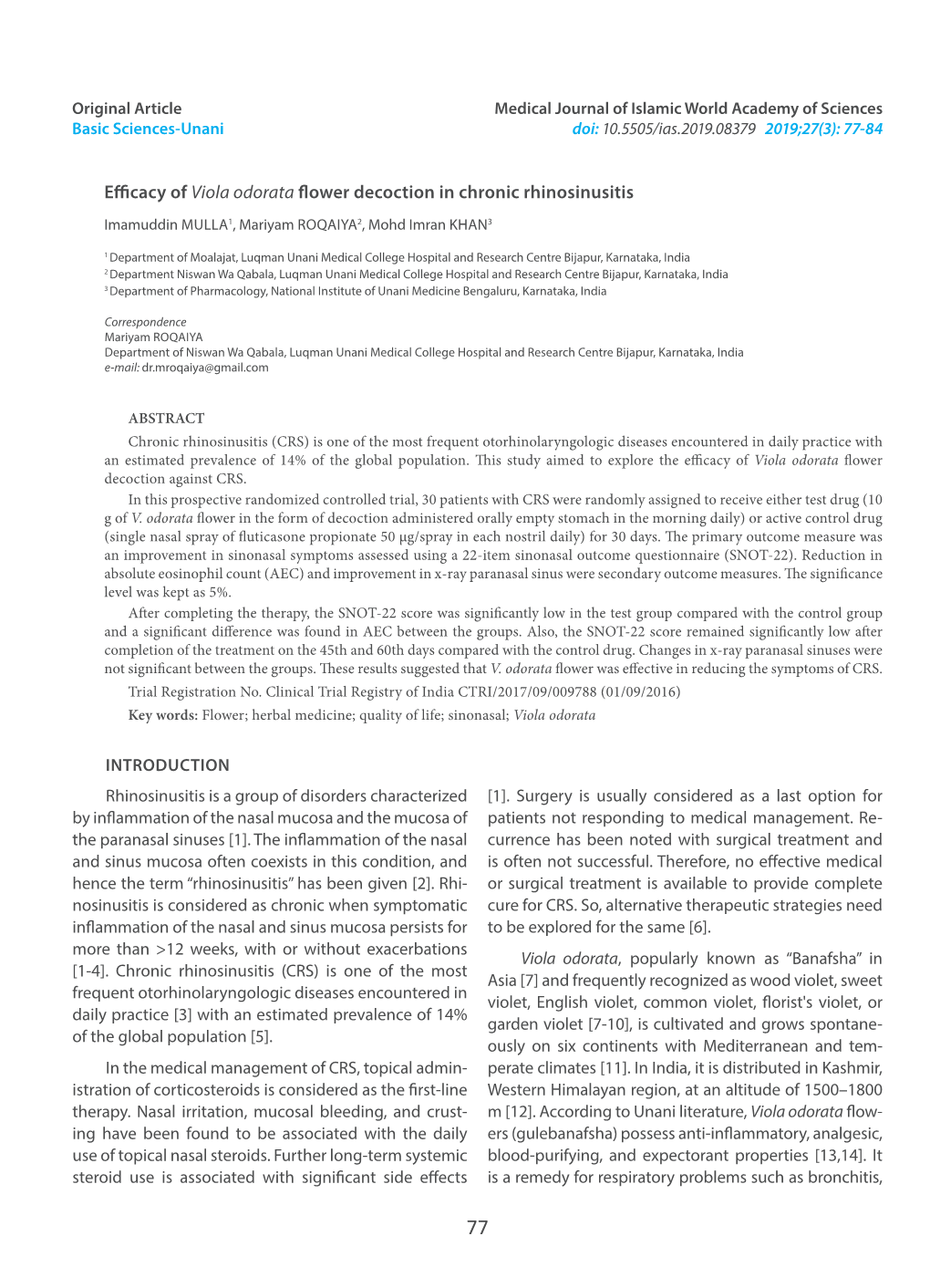 Efficacy of Viola Odorata Flower Decoction in Chronic Rhinosinusitis