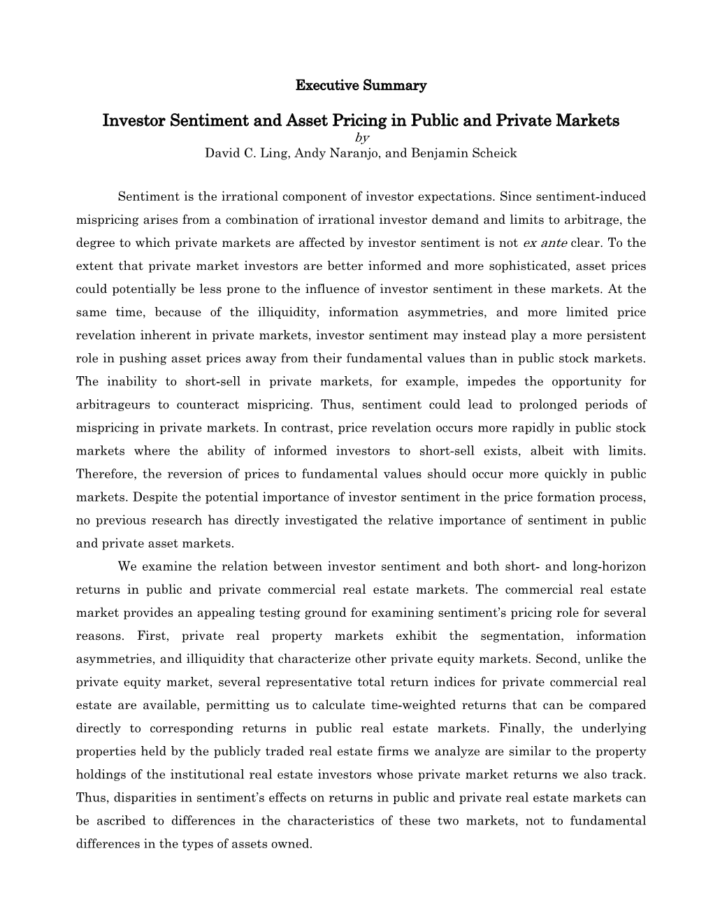 Investor Sentiment and Asset Pricing in Public and Private Markets by David C