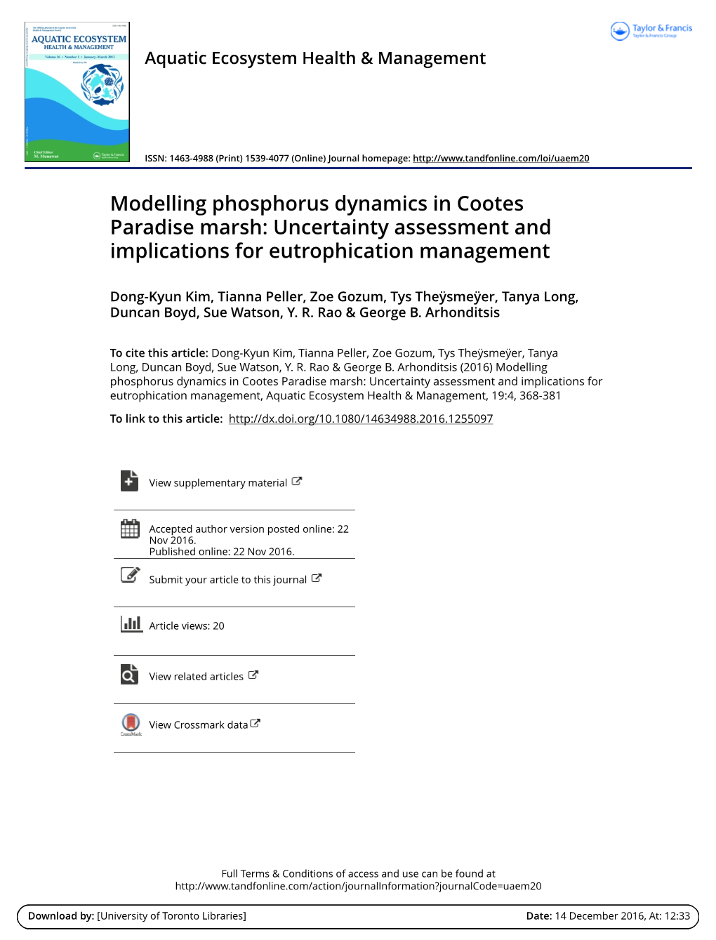 Modelling Phosphorus Dynamics in Cootes Paradise Marsh: Uncertainty Assessment and Implications for Eutrophication Management