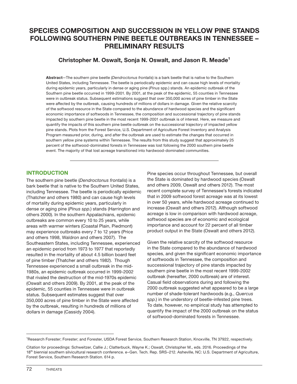 Species Composition and Succession in Yellow Pine Stands Following Southern Pine Beetle Outbreaks in Tennessee – Preliminary Results