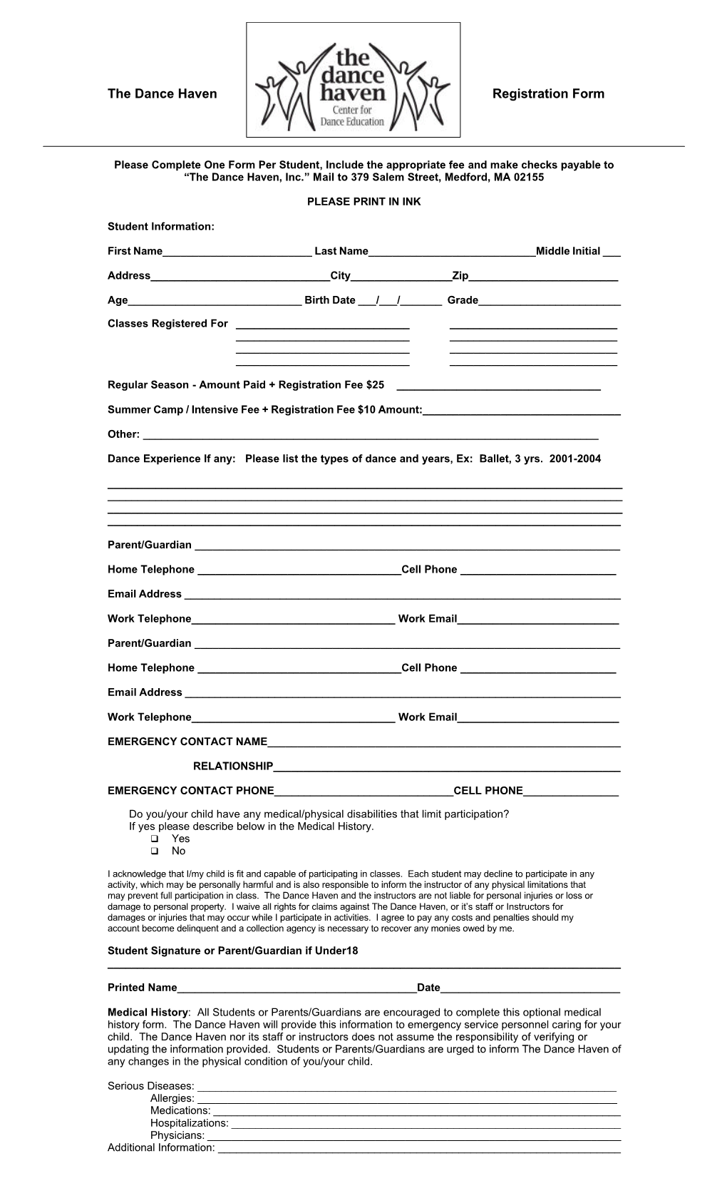 The Dance Haven Registration Form