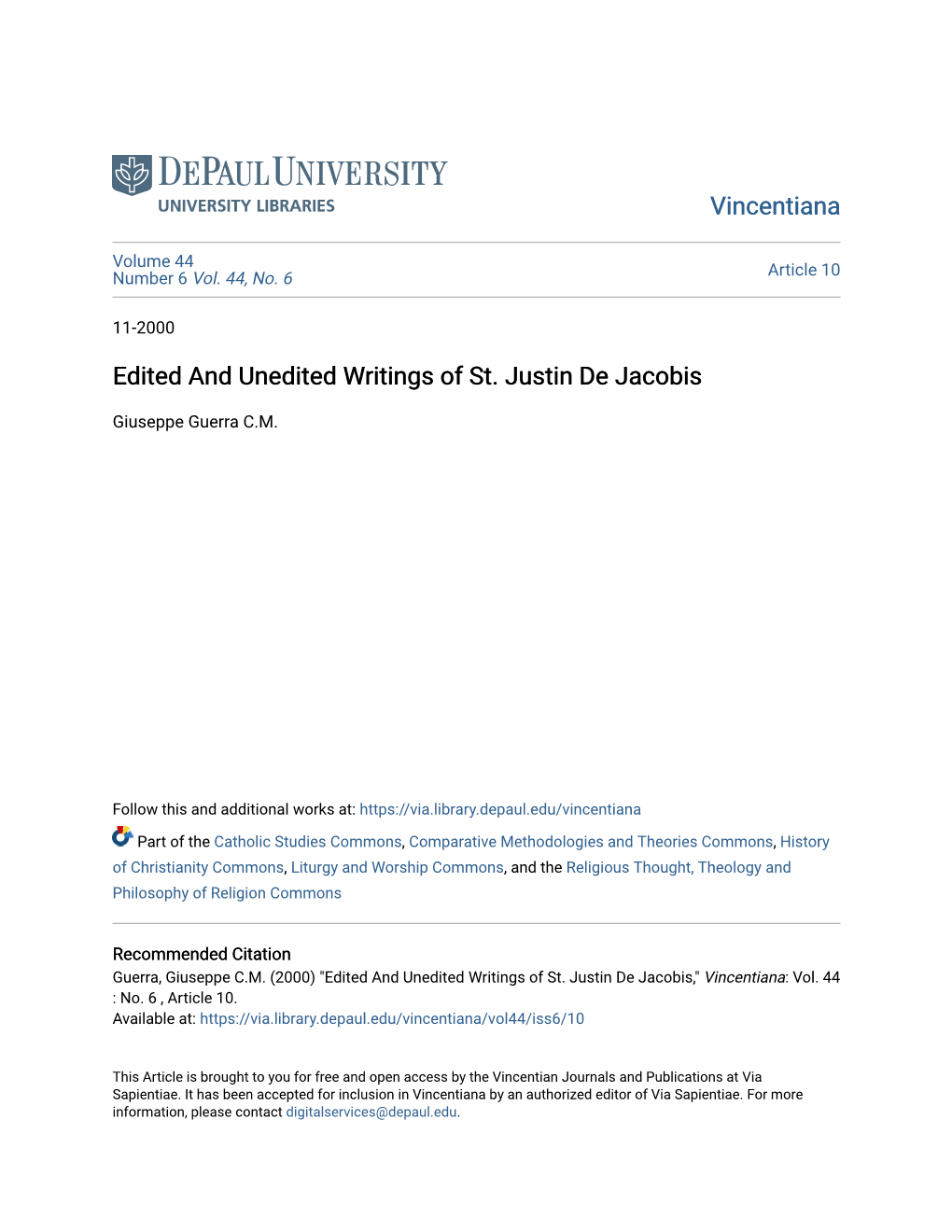 Edited and Unedited Writings of St. Justin De Jacobis