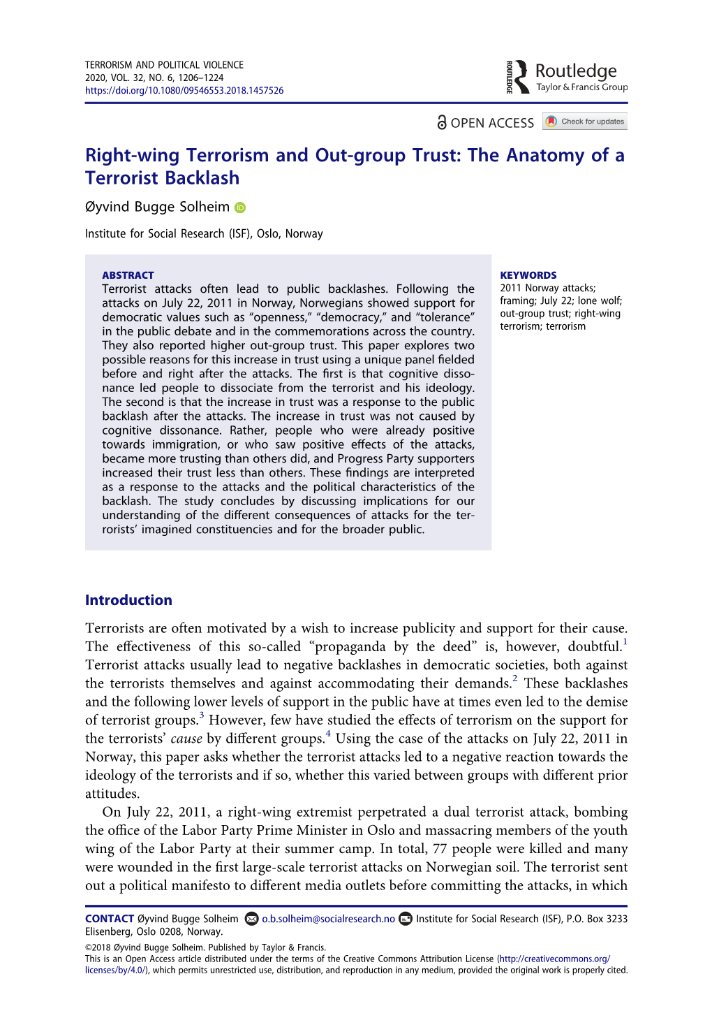 Right-Wing Terrorism and Out-Group Trust: the Anatomy of a Terrorist Backlash Øyvind Bugge Solheim