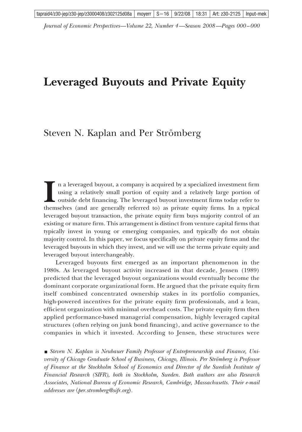 Leveraged Buyouts and Private Equity