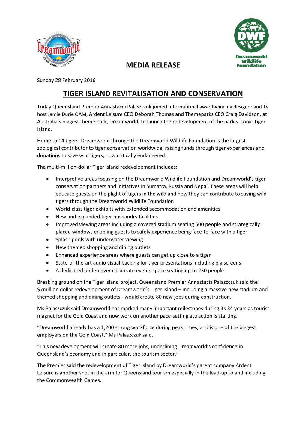 Media Release Tiger Island Revitalisation and Conservation