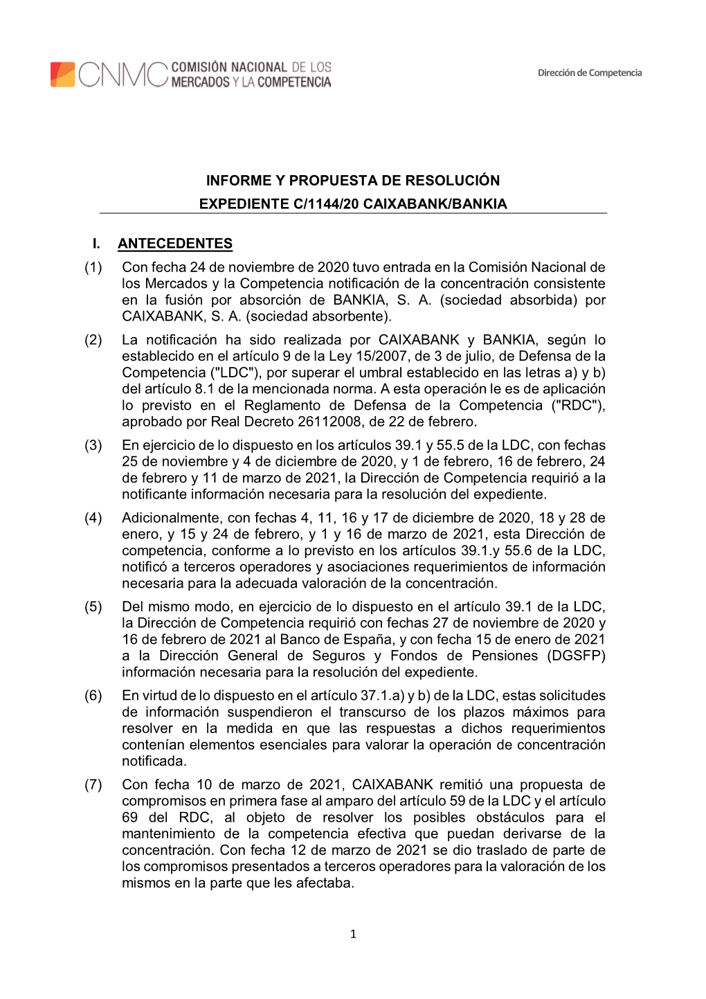 Informe Y Propuesta De Resolución Expediente C/1144/20 Caixabank/Bankia