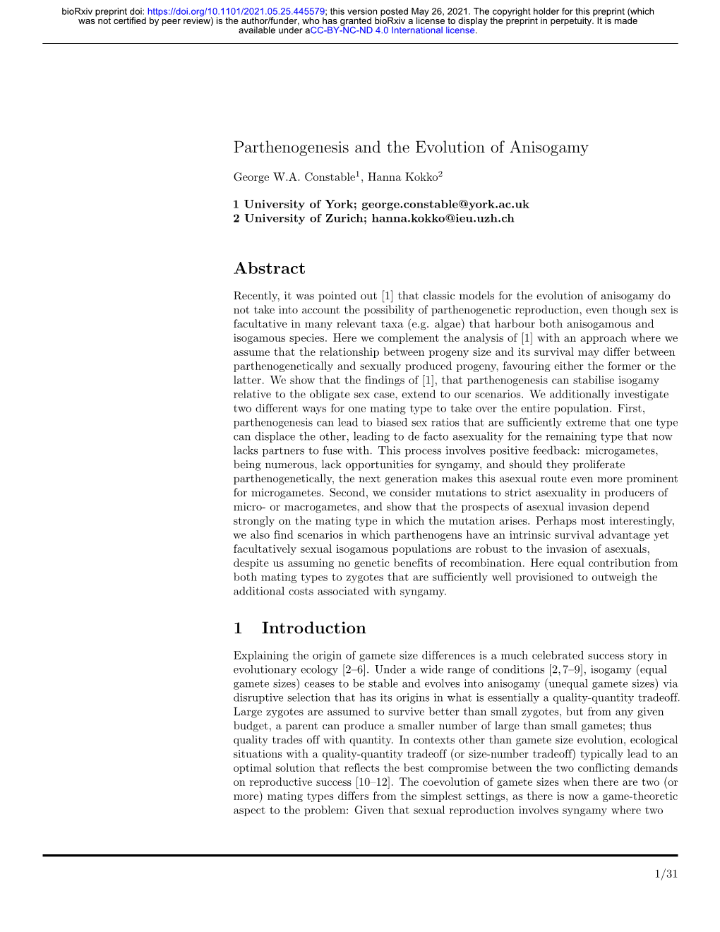 Parthenogenesis and the Evolution of Anisogamy