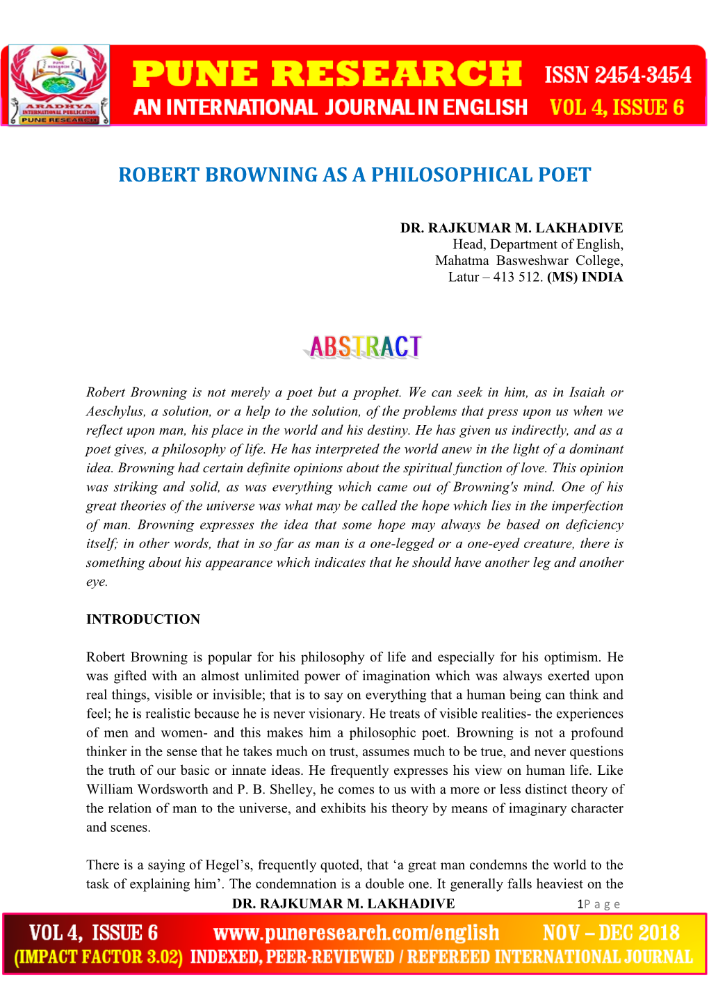 Robert Browning As a Philosophical Poet