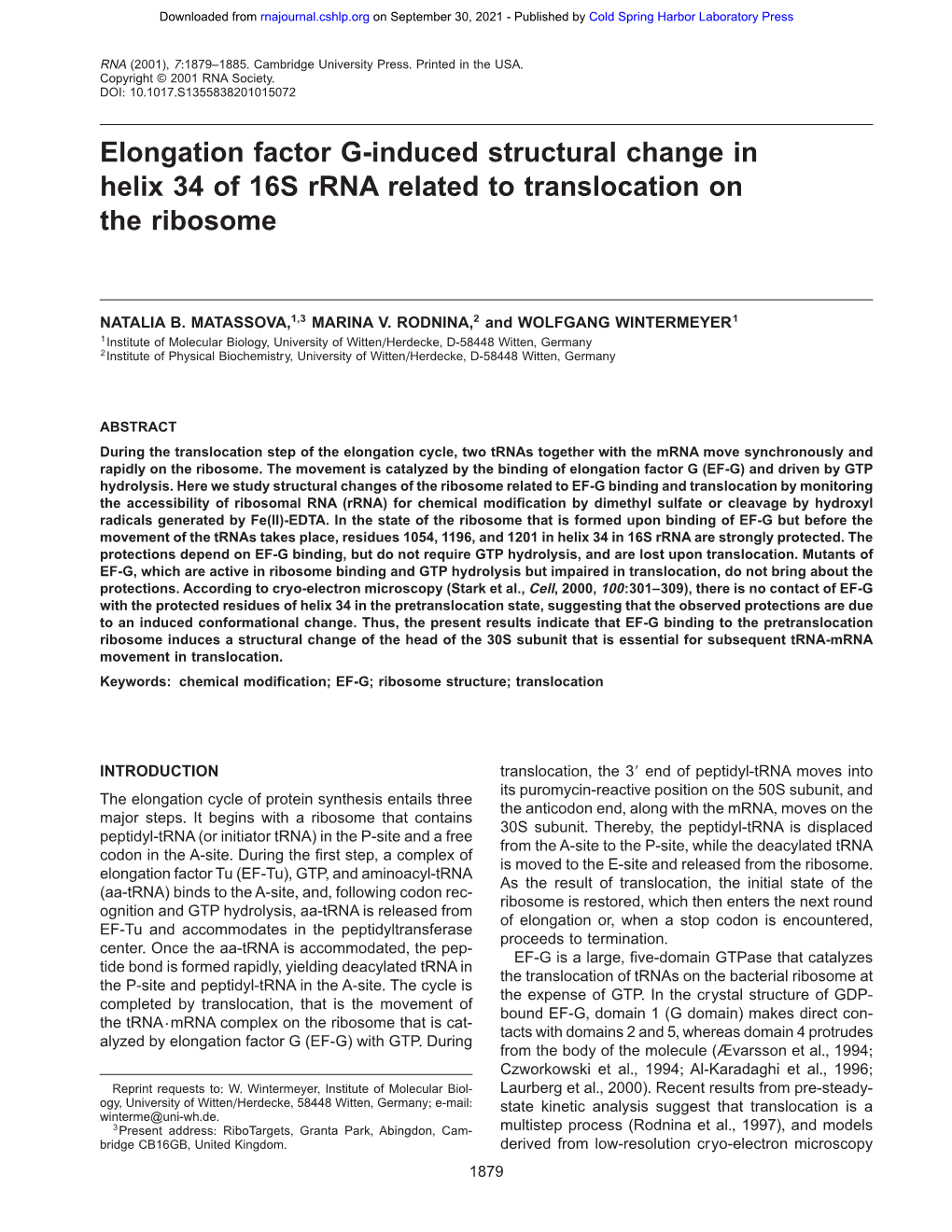 Elongation Factor G-Induced Structural Change in Helix 34 of 16S Rrna Related to Translocation on the Ribosome