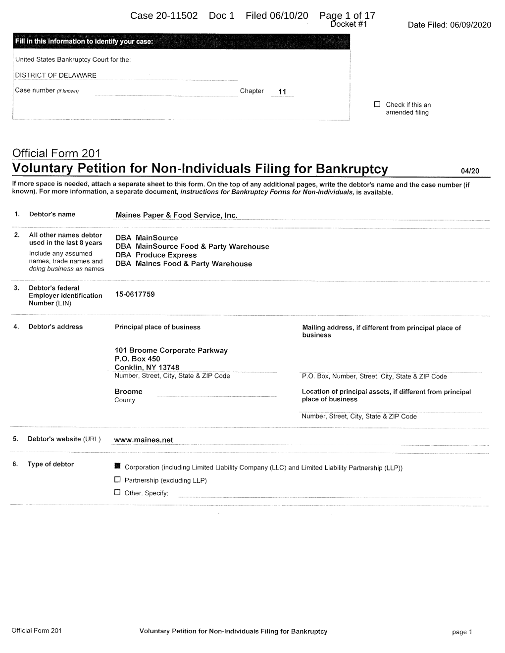 Chapter 11 Voluntary Petition for Maines Paper & Food