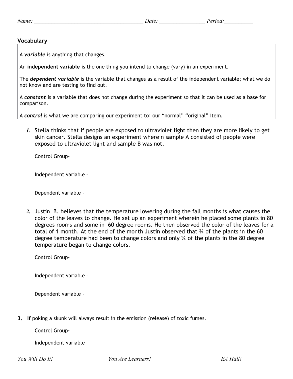 Independent Versus Dependent Variable Worksheet