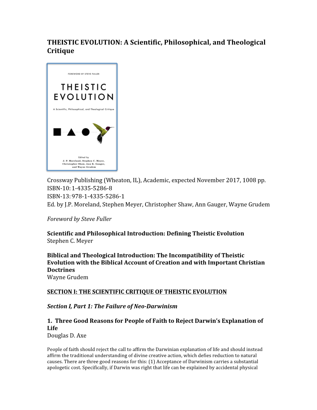 THEISTIC EVOLUTION: a Scientific, Philosophical, and Theological Critique