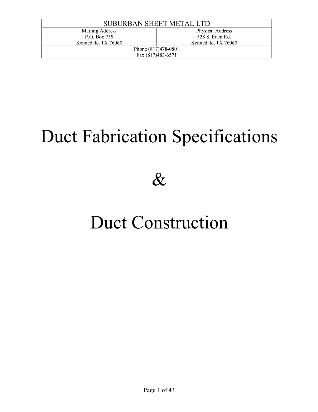 Duct Fabrication Specifications & Duct Construction