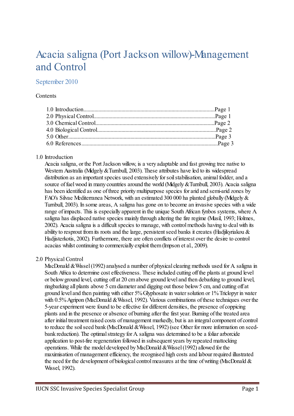 Acacia Saligna (Port Jackson Willow)-Management and Control September 2010