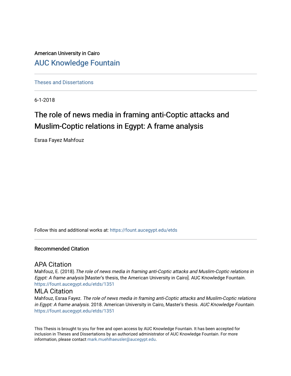 The Role of News Media in Framing Anti-Coptic Attacks and Muslim-Coptic Relations in Egypt: a Frame Analysis