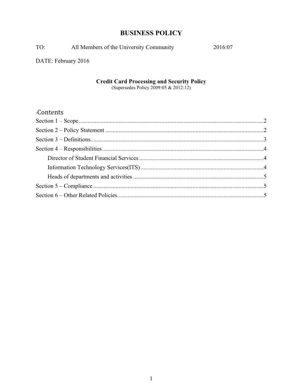 Credit Card Processing and Security Policy (Supersedes Policy 2009:05 & 2012:12)