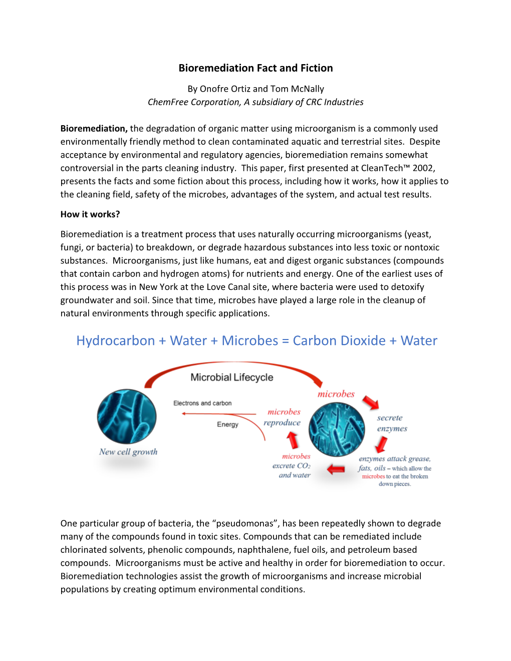 Bioremediation Fact and Fiction by Onofre Ortiz and Tom Mcnally Chemfree Corporation, a Subsidiary of CRC Industries