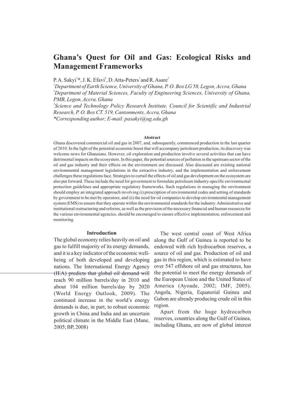 Ghana's Quest for Oil and Gas: Ecological Risks and Management Frameworks