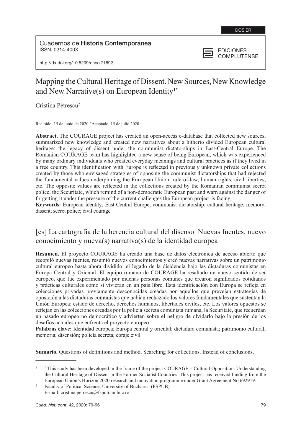 Mapping the Cultural Heritage of Dissent. New Sources, New Knowledge and New Narrative(S) on European Identity1*