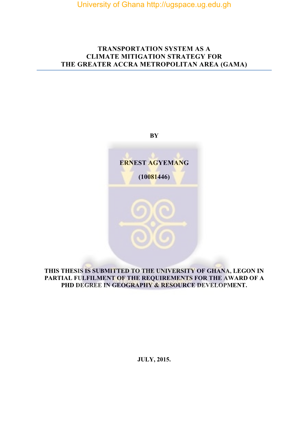 Transportation System As a Climate Mitigation Strategy for the Greater Accra Metropolitan Area (Gama)