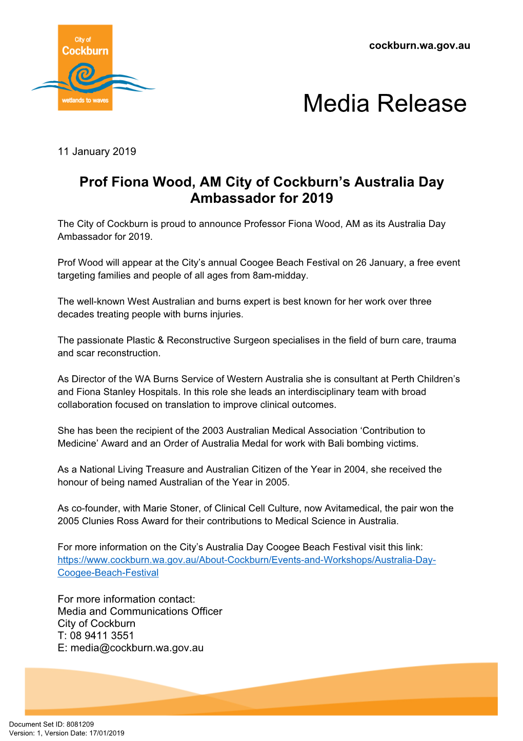 Prof Fiona Wood Cockburn's 2019 Australia Day Ambassador