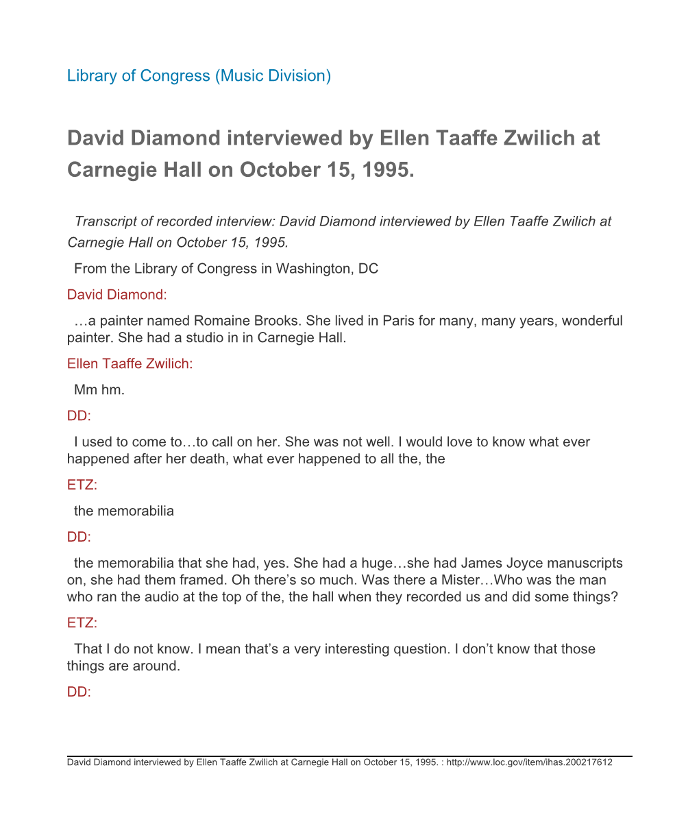 David Diamond Interviewed by Ellen Taaffe Zwilich at Carnegie Hall on October 15, 1995