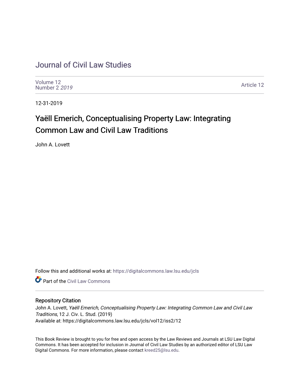 Yaã«Ll Emerich, Conceptualising Property Law: Integrating Common Law and Civil Law Traditions