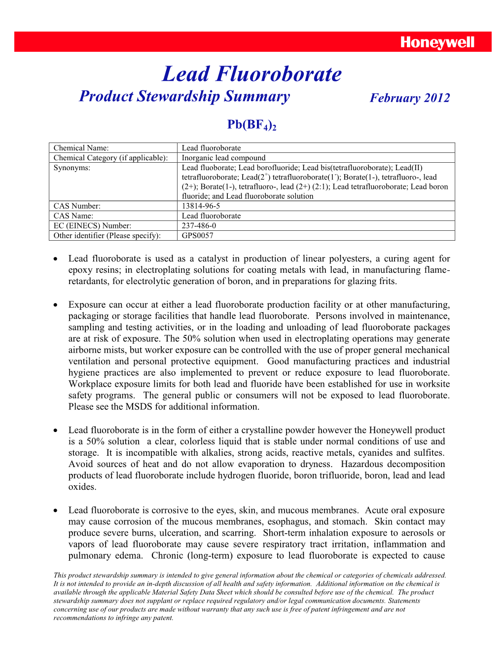 Lead Fluoroborate Product Stewardship Summary February 2012