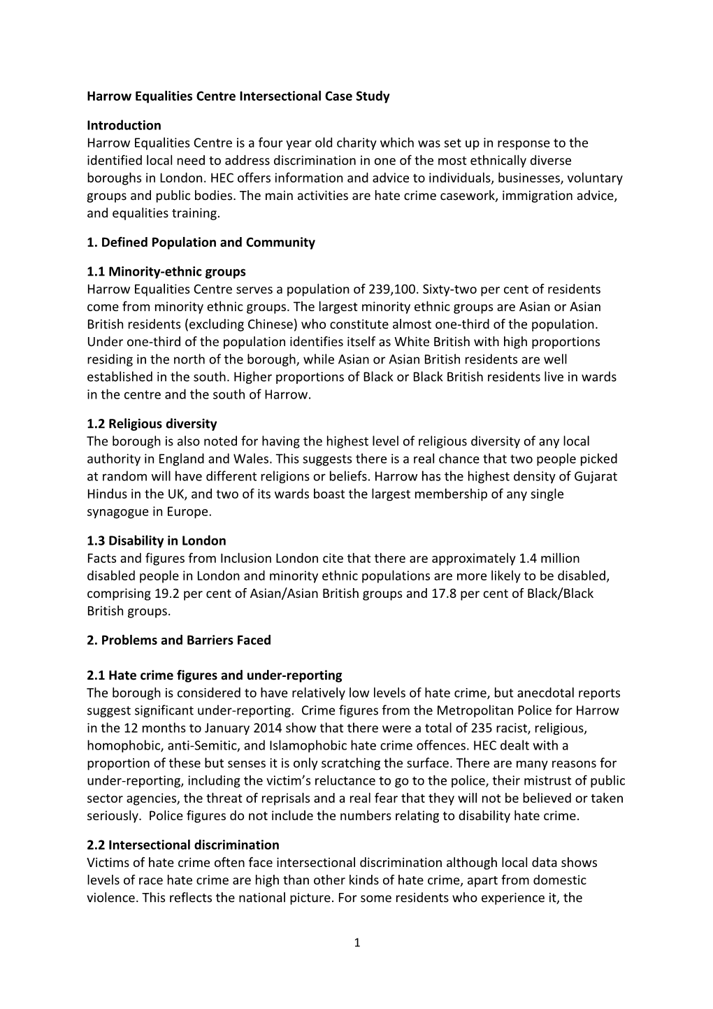 Harrow Equalities Centre Intersectional Case Study